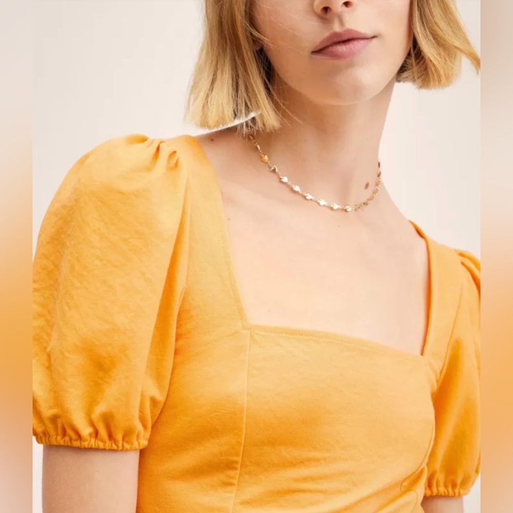 💖5 for $50💖MNG MANGO Yellow Solid A-Line Puff Sleeve Mini Dress - Picture 3 of 12